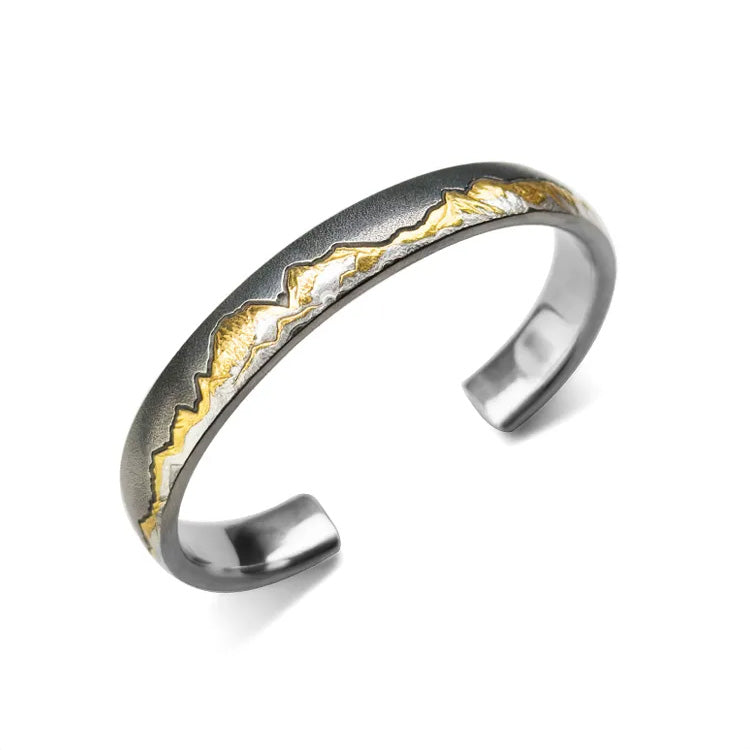 Sunlit Peaks Cuff Bracelet, Iron Inlaid Gold Mountain Bangle